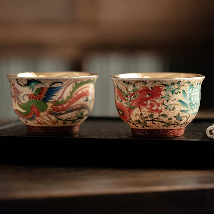 珐琅彩描金龙凤陶瓷对杯（用于茶或咖啡）