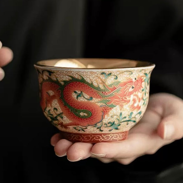 珐琅彩描金龙凤陶瓷对杯（用于茶或咖啡）